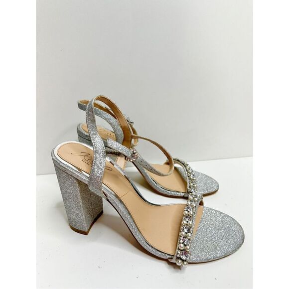 Badgley Mischka Sandals Womens Size 8.5 Silver Block Heel Open Toe‎ Embellished - Picture 3 of 9
